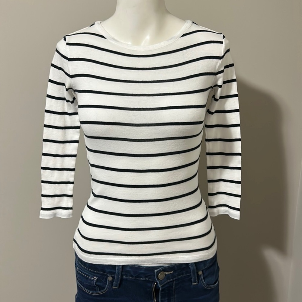 VINCE Black White Stripe Crewneck Tshirt Fitted Top Cotton Modal Sz XS
